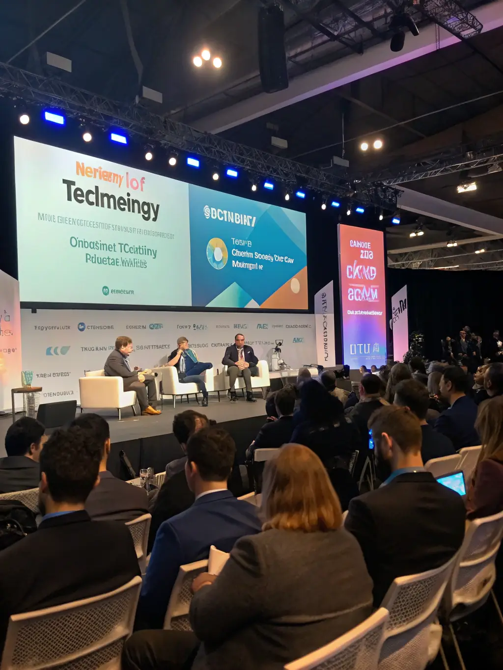 A professional shot of a panel discussion at a tech conference in Delhi, India, with diverse speakers and engaged audience members.