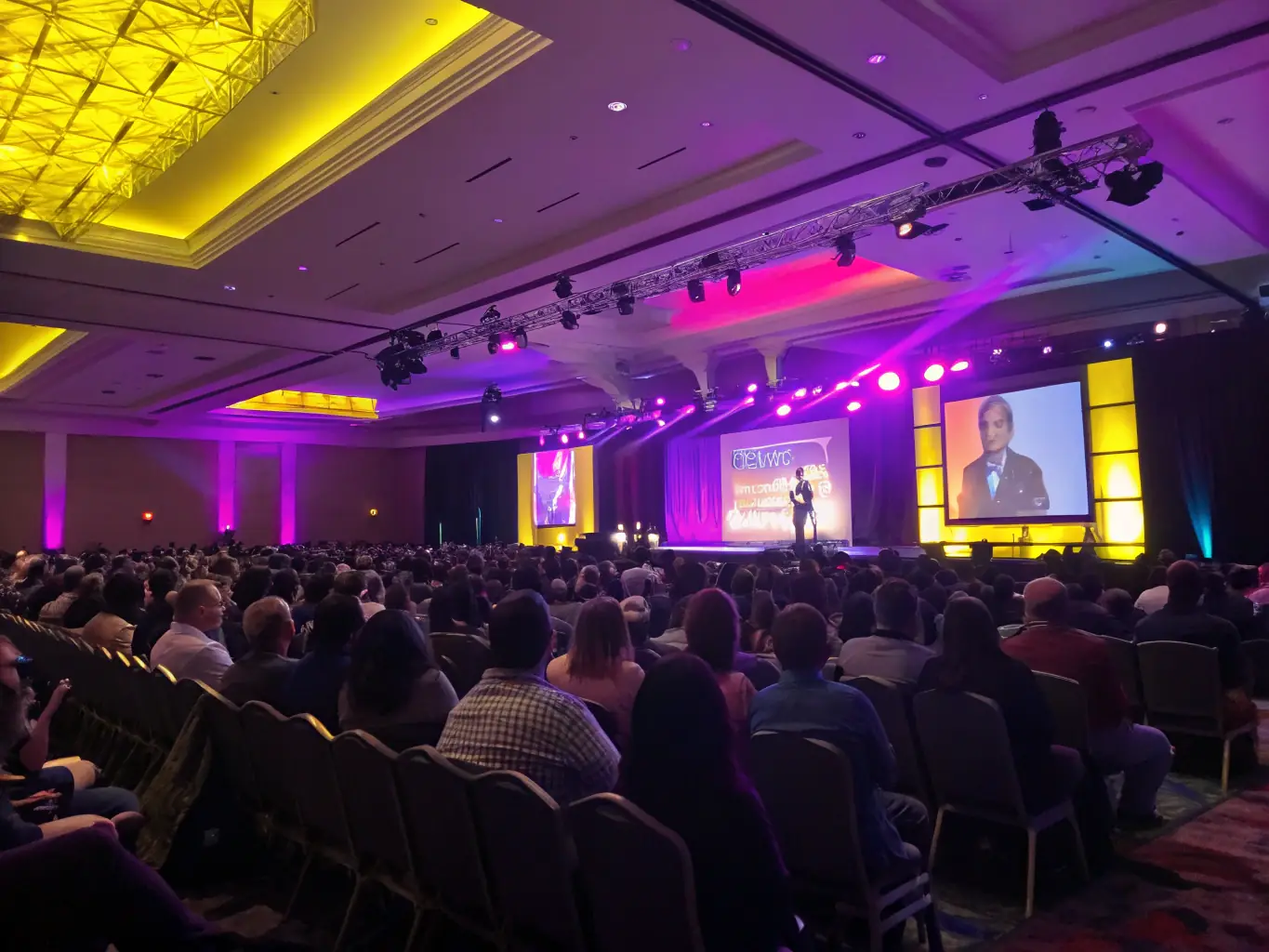 A photograph depicting a conference hall filled with attendees listening to a speaker on stage, capturing the energy and engagement of a Streamspace.fun tech conference.